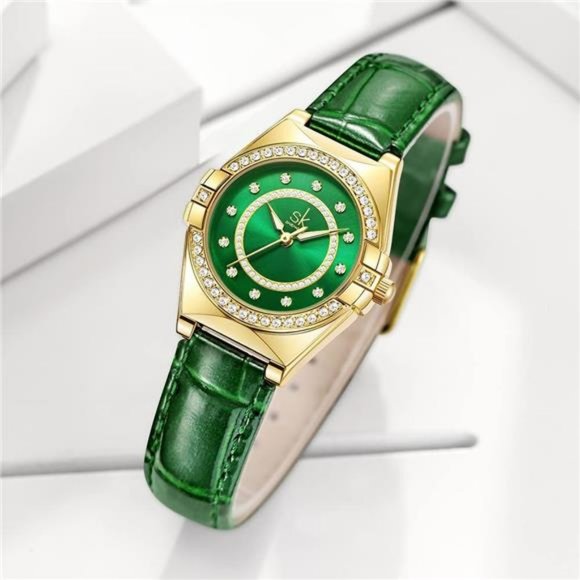SK Fashion Women Watches with Crystal Diamond Watch with Genuine Leather